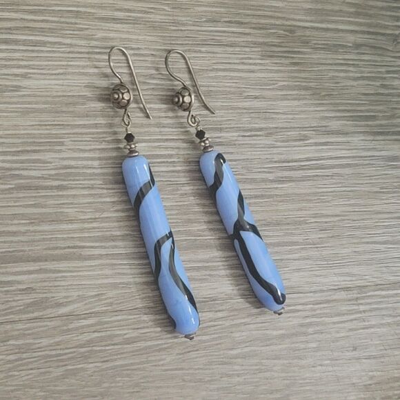 925 Sterling Silver Blue Glass 3" Dangle Earrings - Picture 6 of 7